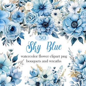 Clipart de flor azul, PNG floral azul acuarela, ramo de flores de boda, corona, floral de invierno, sublimación, descarga digital