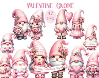 Valentine Gnome Clipart, Watercolor Pink Valentine Gnome PNG Bundle, Valentine Day Clipart, Gnome Sublimation, Scrapbooks, Digital Download