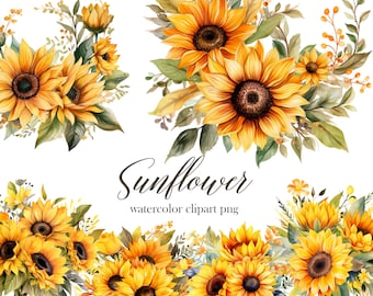 Sunflower PNG Clipart, Watercolor Floral Clipart Bouquet, Sunflower Wreath