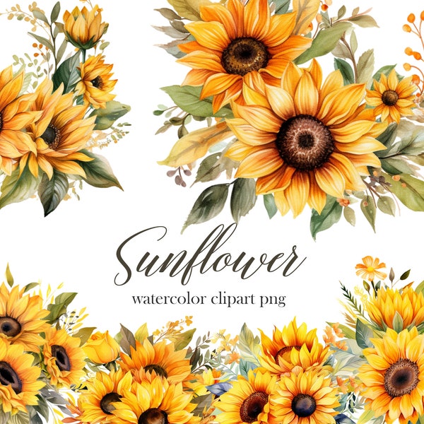 Sunflower PNG Clipart, Watercolor Floral Clipart Bouquet, Sunflower Wreath
