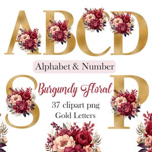 Fleur bourgogne Alphabet PNG, Clipart Alphabet floral, clipart lettres or, nombre, sublimation, téléchargement numérique