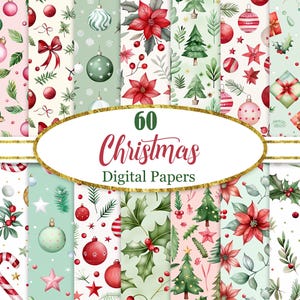 Op de afbeelding: Een set van 60 digitale kerstpapierontwerpen met verschillende feestelijke patronen. De patronen omvatten hulst, kerststerren, kerstballen, snoepstokken, sterren en kerstboom. De papieren zijn in aquarelstijl en perfect voor knutselen, scrapbooking en andere creatieve projecten.
