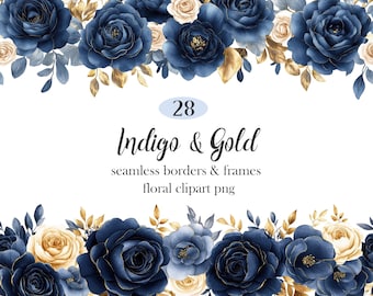Indigo Gold Floral Border Clipart, Flower Frame PNG, Digital Download