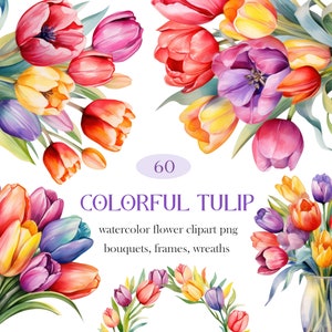 Kleurrijke tulp aquarel clipart, tulp png, aquarel bloemen clipart boeket krans, lentebloem, digitale download
