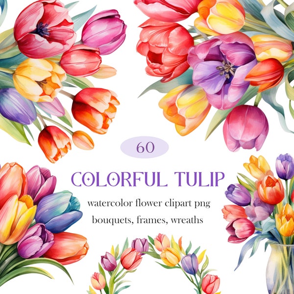 Colorful Tulip Watercolor Clipart, Tulip PNG, Watercolor Floral Clipart Bouquet Wreath, Spring Flower, Digital Download