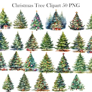 May include: Fifty watercolor illustrations of Christmas trees with various decorations, including ornaments, stars, and presents. The trees are isolated on a white background.