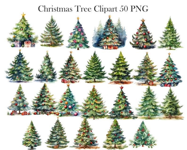 May include: Fifty watercolor illustrations of Christmas trees with various decorations, including ornaments, stars, and presents. The trees are isolated on a white background.