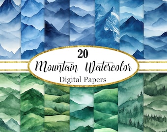 Mountain Digital Paper, Watercolor Landscape Background, Scenery, Scrapbook Papers