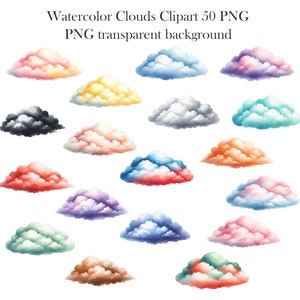 Puede incluir: Un conjunto de 18 ilustraciones de nubes de acuarela en varios colores, incluyendo rosa, azul, amarillo, verde y gris. Las nubes est&aacute;n aisladas sobre un fondo transparente.