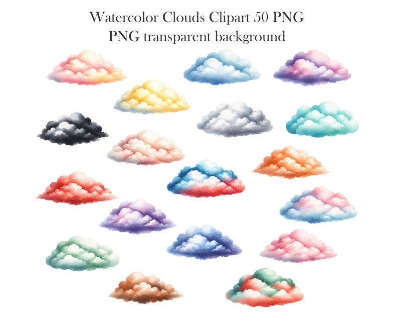 Puede incluir: Un conjunto de 18 ilustraciones de nubes de acuarela en varios colores, incluyendo rosa, azul, amarillo, verde y gris. Las nubes est&aacute;n aisladas sobre un fondo transparente.