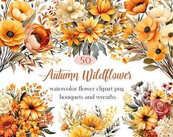 Autumn Wildflower PNG, Fall Flower Clipart Bundle, Watercolor Fall Wildflower, Bouquet, Wreath, Flower Sublimation, Digital Download