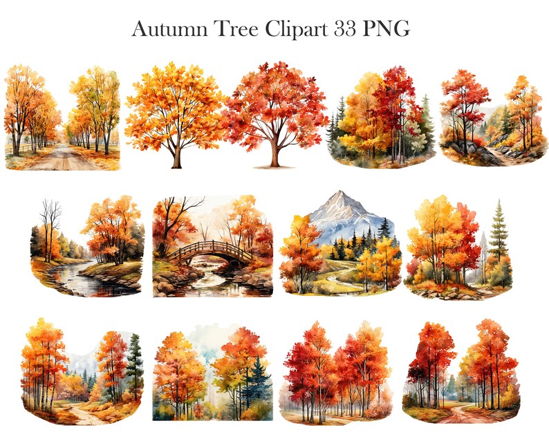 May include: A set of 33 digital watercolor illustrations of autumn trees. The trees are in various shades of red, orange, yellow, and green. Some of the trees are in a forest setting, while others are in a more open setting. The illustrations are perfect for adding a touch of autumn to your designs.