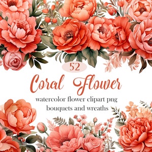 Korallen Blume PNG, Aquarell Blumen Clipart Bundle, Blumenstrauß, Kranz, Frühling, digitaler Download