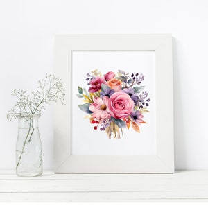 May include: A watercolor painting of a bouquet of pink, purple, and orange flowers. The flowers are arranged in a loose, natural style and are surrounded by green leaves.