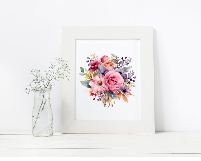 May include: A watercolor painting of a bouquet of pink, purple, and orange flowers. The flowers are arranged in a loose, natural style and are surrounded by green leaves.