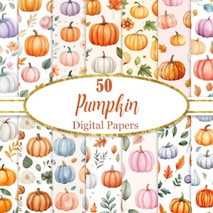 May include: 50 digital papers featuring various pumpkin patterns. The patterns include pumpkins in different colours, sizes, and arrangements, with some featuring leaves, flowers, and stars.