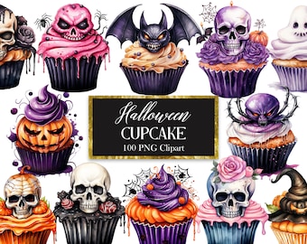 Halloween Cupcake PNG, Watercolor Halloween Clipart, Spooky Dessert PNG, Sweet Treat, Digital Download