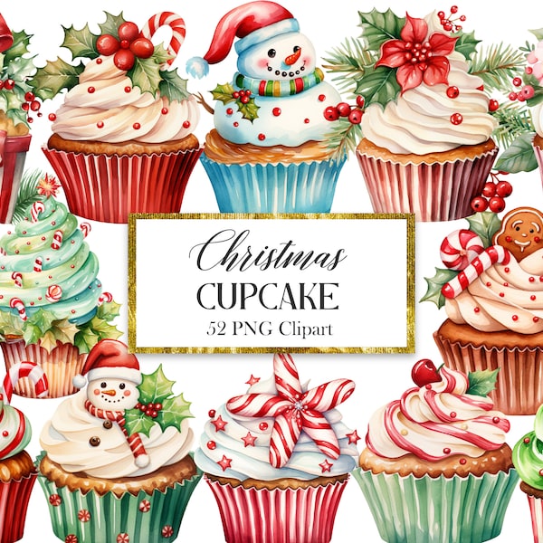 Weihnachten Cupcake Clipart Bundle, Aquarell Weihnachten Dessert PNG, digitale Grafik Clip Art