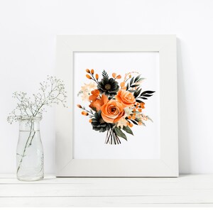 May include: A framed print of a watercolor painting featuring a bouquet of orange and peach roses with dark green leaves and black flower buds.