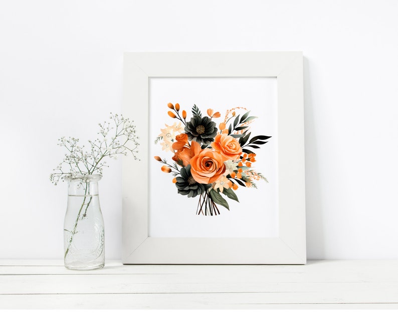 May include: A framed print of a watercolor painting featuring a bouquet of orange and peach roses with dark green leaves and black flower buds.
