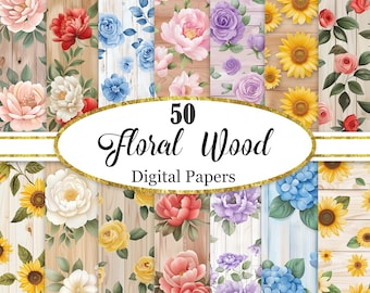 Papier numérique bois floral, fond de fleurs, texture du bois, papier de scrapbooking, téléchargement numérique