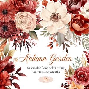 Höstträdgårdsblommor Clipart, akvarell höstblomma Clipart Bundle, höstblomma PNG, höstblommabukett, krans, digital nedladdning