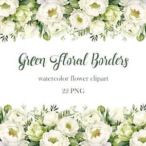 Green Flower Border Clipart, Watercolor Floral Border PNG Bundle, Wedding Flower, Green Floral PNG, Flower Frame, Digital Download