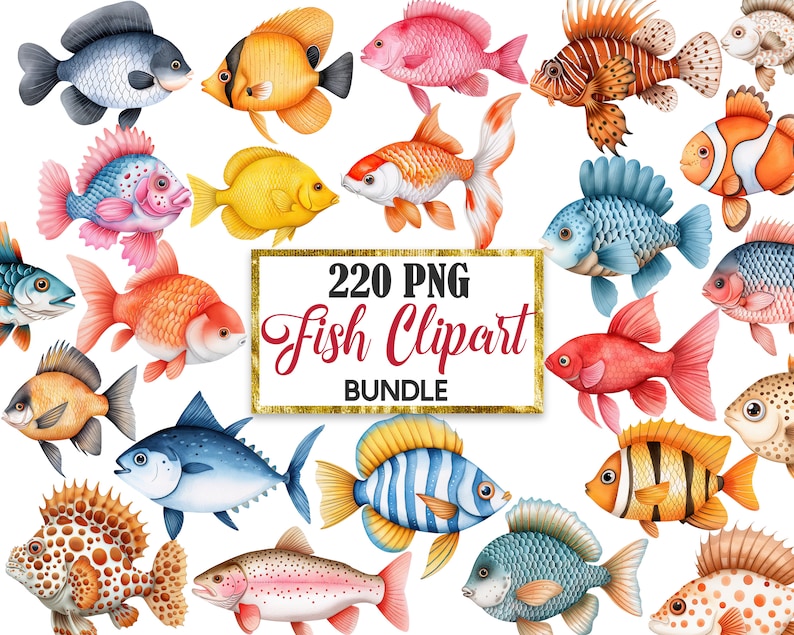 May include: A collection of 220 watercolor fish illustrations in PNG format. The fish are in various colors, including red, blue, yellow, orange, pink, and green. The fish are in different poses, some are swimming, some are jumping, and some are resting. The illustrations are perfect for creating digital designs, scrapbooking, and other creative projects.