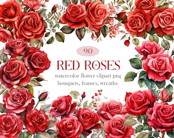 Red Rose PNG, Watercolor Red Rose Clipart Bundle, Wedding Bouquet PNG, Rose Wreath, Digital Download