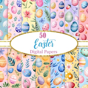 May include: 50 digital papers featuring watercolor Easter egg patterns. The patterns include various colors, such as pink, blue, yellow, and green, and feature different designs of eggs with polka dots, stripes, and floral accents.