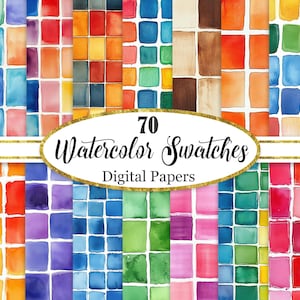 May include: A vibrant digital paper set featuring 70 watercolor swatches in a mosaic pattern. The color palette includes shades of red, orange, yellow, green, blue, and purple. The text "70 Watercolor Swatches Digital Papers" is displayed in a gold oval.