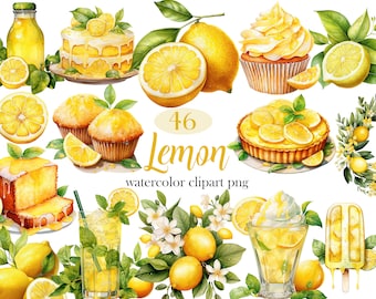 Lemon Clipart, Watercolor Lemon PNG Bundle, Lemon Sublimation, Fruit Clipart, Sweet Treats, Summer, Drink, Cupcake, Popsicle, Wreath