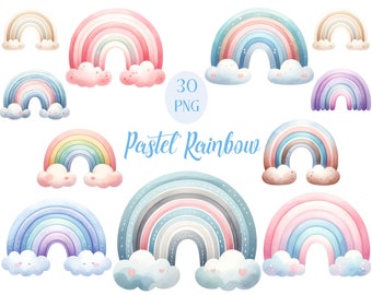 Pastel Rainbow Clipart, Watercolor Rainbow PNG Bundle, Boho Rainbow, Nursery Clipart, Digital Download