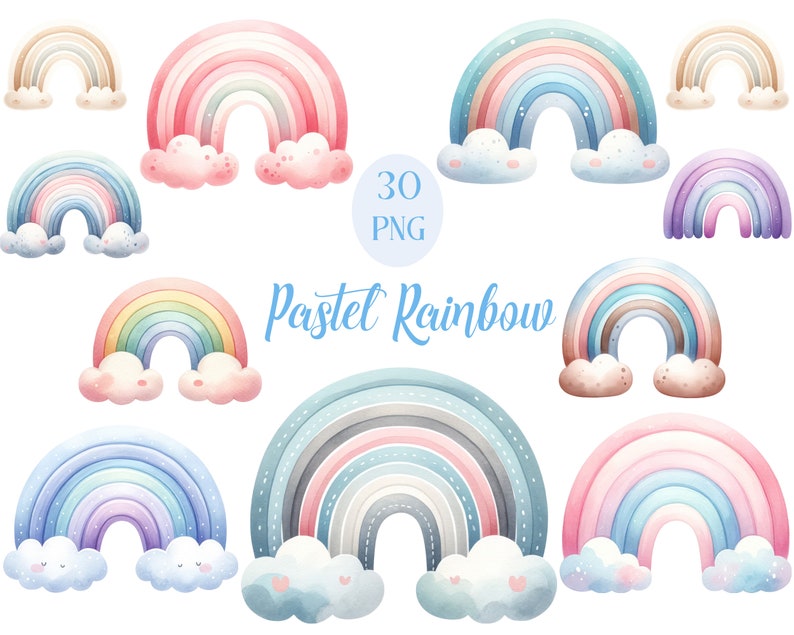 May include: 30 pastel rainbow illustrations in PNG format. The rainbows are in various colors and have a watercolor effect. Each rainbow has clouds underneath.