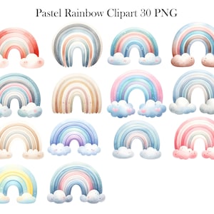May include: A set of 30 digital clipart images featuring pastel rainbows with clouds. The rainbows are in various colors, including pink, blue, yellow, and green. The clouds are white and fluffy.