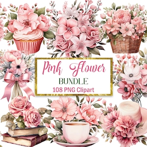 Rosa Blume PNG-Bundle, Aquarell Rosa Blumen Clipart, Blumenrand, Sublimation, Blumenstrauß, Kranz, Frühling, digitaler Download