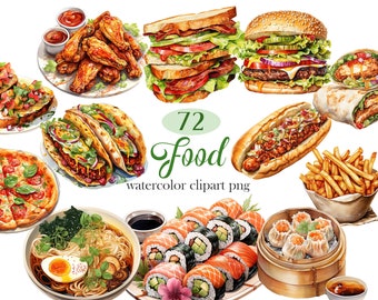 Food Clipart, Watercolor Food PNG Bundle, Lunch Clipart, Scrapbooking, Digital Download