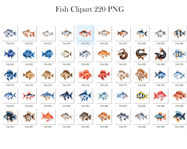 May include: A set of 100 watercolor illustrations of various fish. The fish are depicted in a variety of colors, including blue, red, orange, yellow, and green. The fish are all drawn in a realistic style, with detailed scales and fins.