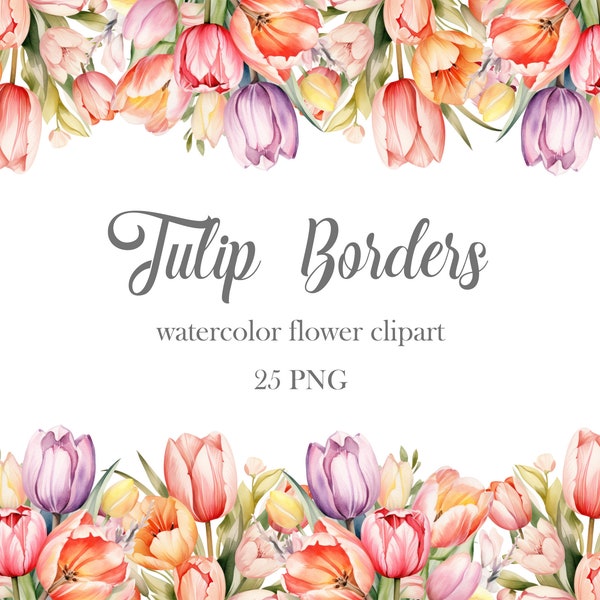 Tulip Border Clipart, Watercolor Tulip Frame Clipart Bundle, Flower Borders, Spring Floral, Tulip PNG, Digital Download