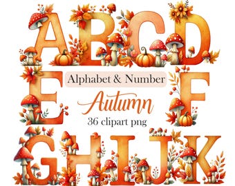 May include: Watercolor alphabet letters A through K, decorated with autumn leaves, mushrooms, and pumpkins. The letters are orange and yellow, with the word "Autumn" in cursive. The image also includes the text "Alphabet & Number" and "36 clipart png."