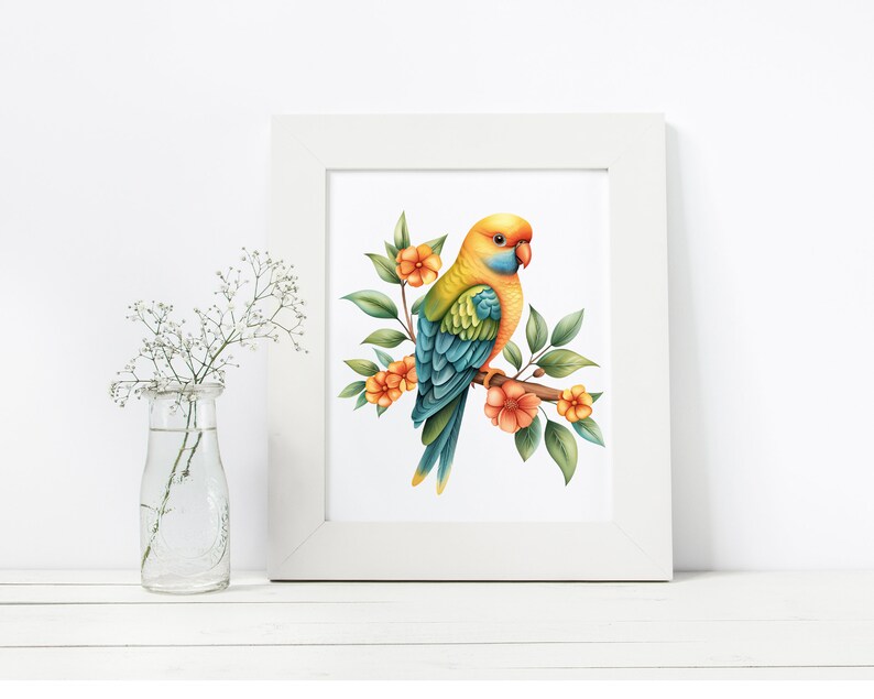 May include: A yellow, blue, and green parrot perched on a branch with orange flowers. The parrot is facing to the right and has a white frame around it.