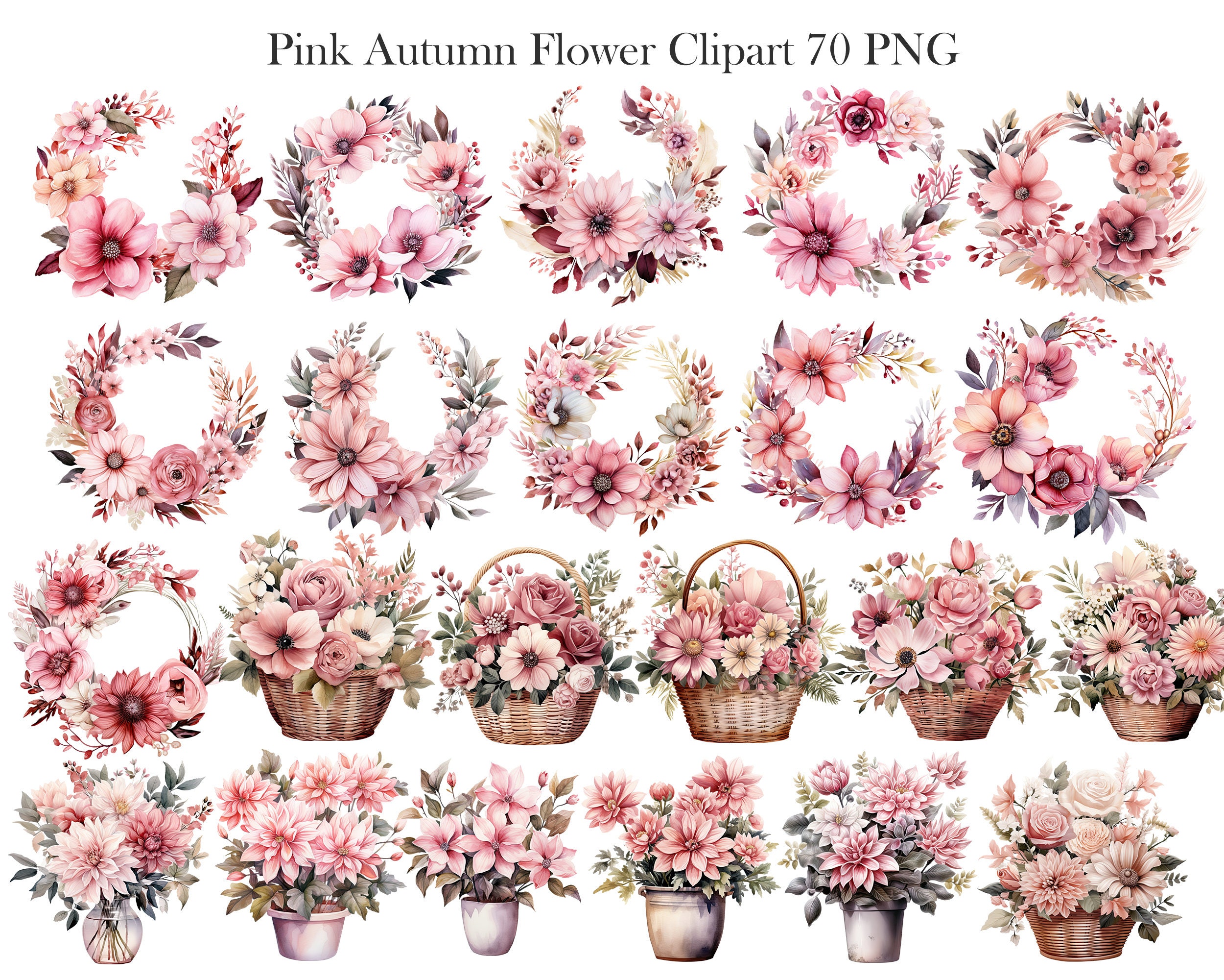 Pink Autumn Flower PNG, Watercolor Fall Flower Clipart Bundle, Wreath ...