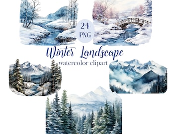 Winter Landscape PNG, Watercolor Winter Scenery Clipart, Nature, Mountain, Forest, Digital Download