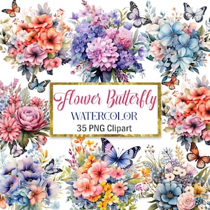 Mariposa de flores PNG, Clipart de mariposa floral de acuarela, Primavera, Ramo de flores, Descarga digital