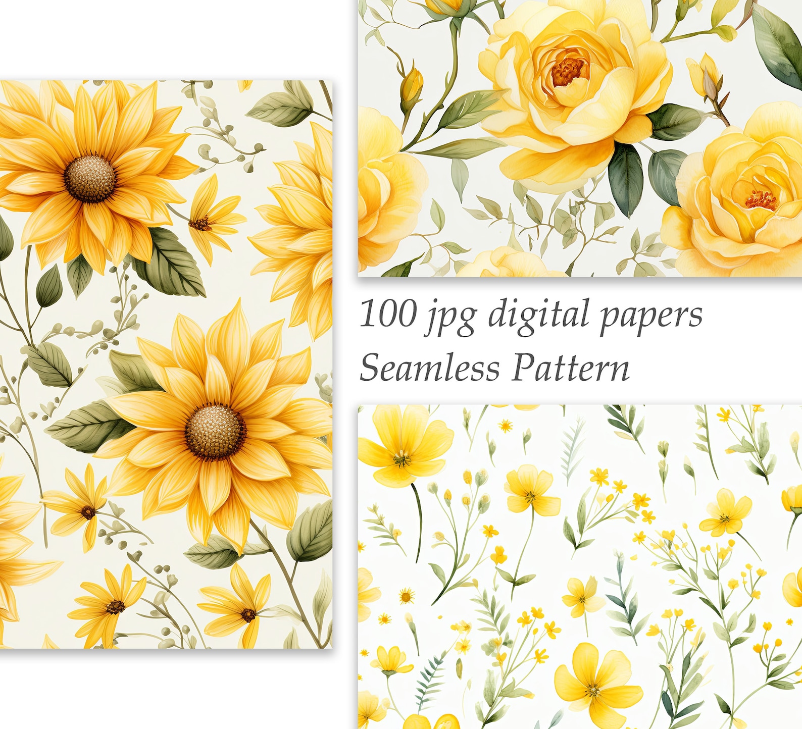 Yellow Flower Digital Paper, Flower Seamless Pattern, Watercolor Floral ...
