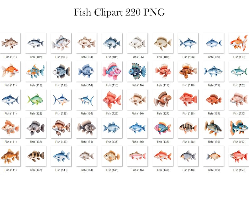 May include: A set of 220 watercolor illustrations of various fish. The fish are depicted in a variety of colors, including red, orange, yellow, green, blue, and purple. The fish are all drawn in a realistic style, with detailed scales and fins.