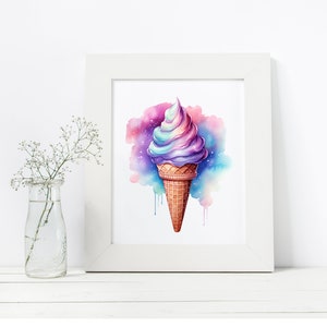 May include: A watercolor painting of a colorful ice cream cone with a galaxy-themed background. The ice cream is a swirl of pink, purple, and blue, and the cone is a light brown.