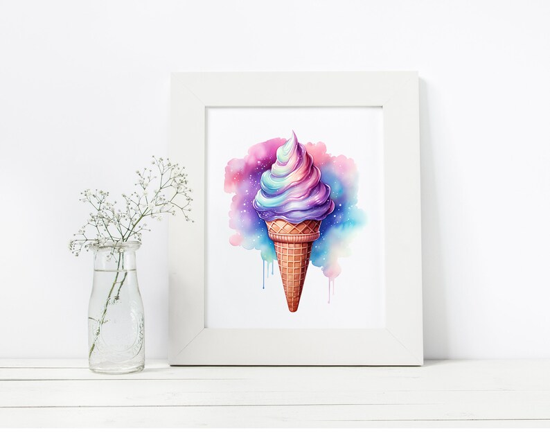May include: A watercolor painting of a colorful ice cream cone with a galaxy-themed background. The ice cream is a swirl of pink, purple, and blue, and the cone is a light brown.