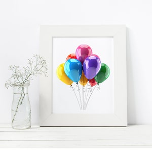 May include: A white framed print featuring a cluster of colorful balloons. The balloons are in shades of red, pink, purple, blue, yellow, and green. The image is set against a white background, with a vase of flowers on the left.