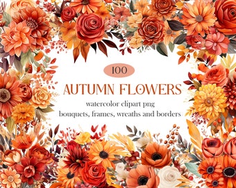 Paquete de imágenes prediseñadas de flores de otoño PNG, flores de otoño PNG, ramo de corona floral de otoño en acuarela, descarga digital